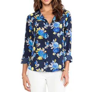 Equipment Women Lynn 100% silk button down Blouse Peacoat floral long sleeve LG